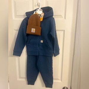 New Boys Size 4T Carhartt Navy Hoodie and Brown Beanie Bundle